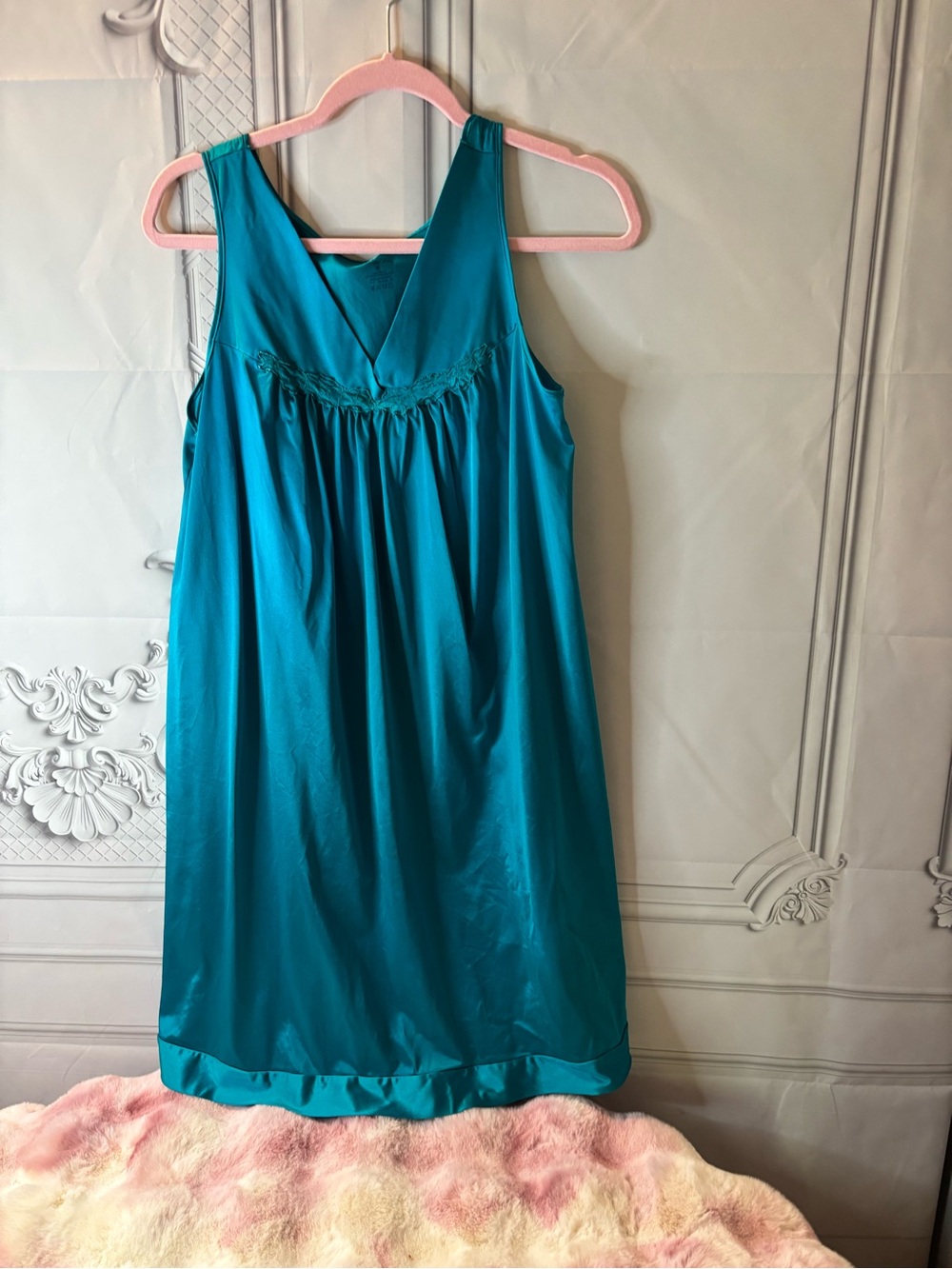 Vintage Vanity Fair Nylon Sleeveless Teal Flower V-Neck Nighgown, Size Medium